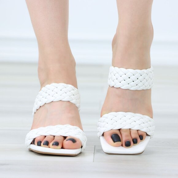 White Block Low Heeled Mule Open Squared Toe Slip On Sandals Braided Straps - Picture 9 of 14